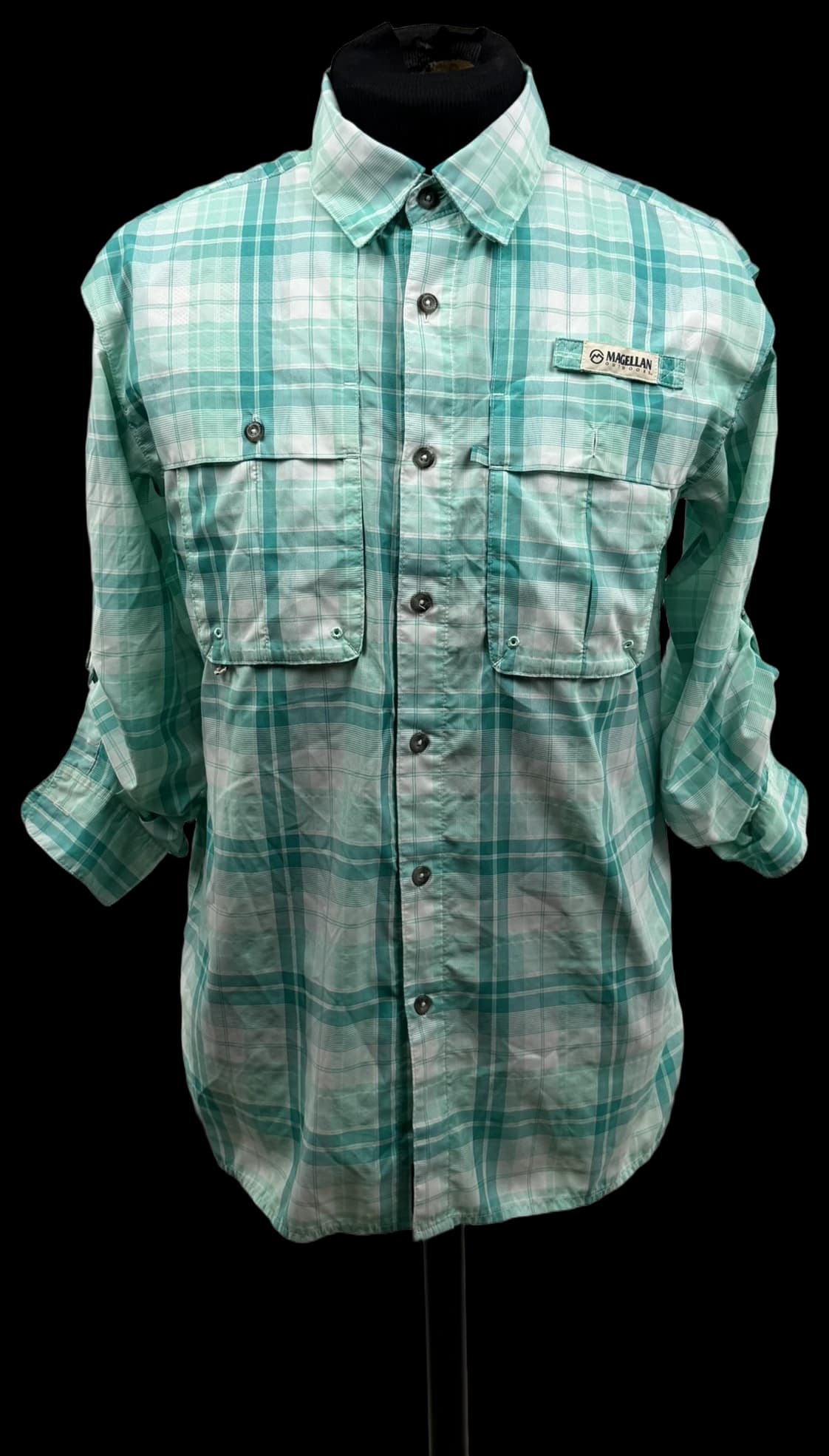 Magellan Outdoors Fish Gear Men's S Mint Plaid Long Sleeve Vented Fishing Shirt